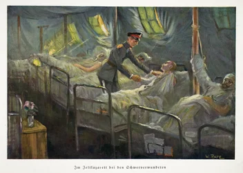 Vilhelm, kronprins af Tyskland, besøger sårede tropper på et felthospital, udg. ca. 1917 (farvelitografi)